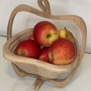 Apple Shaped Wooden Bowl Handcrafted Wood Collapsible Spiral Cut Basket Bowl